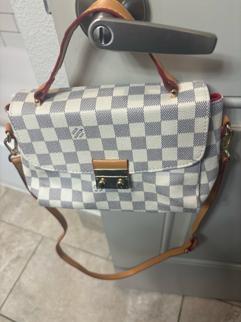 Designer inspired  Checkered Top-Handle Crossbody Bag - White/Gray